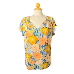 DR2 Floral V-Neck Blouse in Blue, Yellow & Peach